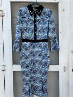 Blue Patterned Long Sleeve Midi Dress with Contrast Collar